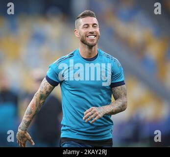 Der spanische Verteidiger von Real Madrid, Sergio Ramos, wurde am 25. Mai 2018, am Vorabend des UEFA Champions League-Finalspiels zwischen Liverpool und Real Madrid, bei einem Mannschaftstraining von Real Madrid im Olympiastadion in Kiew, Ukraine, ausgetragen. (Foto von Raddad Jebarah/NurPhoto) Stockfoto