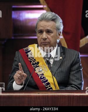 Der Präsident Ecuadors, Lenin Moreno, hat der Nation nach einem Jahr Management am 24. Mai 2018 in der Plenarsitzung der Regierung in der Nationalversammlung in Quito, Ecuador, einen Bericht vorgelegt. (Carlos Arias/Press South/NurPhoto) Stockfoto