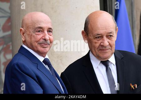 Der französische Minister für Europa und auswärtige Angelegenheiten, Jean-Yves Le Drian (R), begrüßt am 29. Mai 2018 in Paris die Präsidentin des ostlibyschen Repräsentantenhauses Aguila Saleh im Elysée-Palast. Die Internationale Konferenz über Libyen, die vom Präsidenten der Französischen Republik, Emmanuel Macron, im Elysée-Palast veranstaltet wurde, versammelte sich am Dienstag, dem 29. Mai 2018, um libysche Führer, mehr als 20 Länder und 4 internationale Organisationen zu einem gemeinsamen Fahrplan zu bewegen. (Foto: Julien Mattia/NurPhoto) Stockfoto