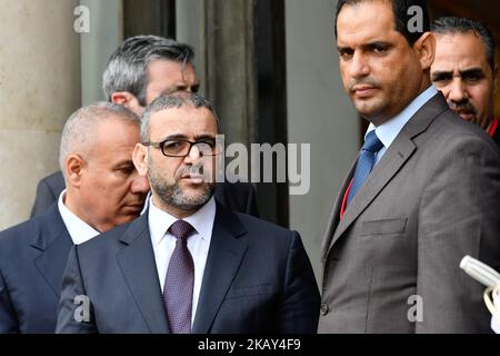 Ankunft des Präsidenten des Hohen Staatsrats von Libyen, Khaled MECHRI, am 29. Mai 2018 im Elysée-Palast. Die Internationale Konferenz über Libyen, die vom Präsidenten der Französischen Republik, Emmanuel Macron, im Elysée-Palast veranstaltet wurde, versammelte sich am Dienstag, dem 29. Mai 2018, um libysche Führer, mehr als 20 Länder und 4 internationale Organisationen zu einem gemeinsamen Fahrplan zu bewegen. (Foto: Julien Mattia/NurPhoto) Stockfoto