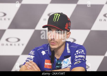 MAVERICK VINALES aus Spanien, Movistar Yamaha MotoGP Team, Yamaha YZR-M1 2018, Gran Premio d'Italia Oakley, spricht während der Qualifying-Pressekonferenz am Samstag auf dem internationalen Kurs von Mugello für die MotoGP-Weltmeisterschaft 6. vom 1.. Bis 3.. Juni (Foto: Fabio Averna/NurPhoto) Stockfoto