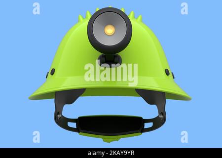 Grüner Schutzhelm oder harte Kappe mit Taschenlampe isoliert auf blauem Hintergrund. 3D Darstellung und Darstellung von Kopfbedeckungen und Handyman-Werkzeugen Stockfoto