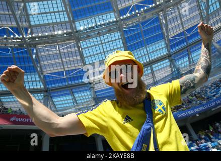 Gruppe F Schweden – Republik Korea – FIFA Fußball-Weltmeisterschaft Russland 2018 Schweden-Unterstützer im Nischni Nowgorod-Stadion, Russland am 18. Juni 2018. (Foto von Matteo Ciambelli/NurPhoto) Stockfoto