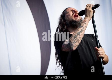 Der amerikanische Sänger und Musiker Jonathan Davis, bekannt als der Leadsänger und Frontmann der Nu Metal Band Korn, tritt am 16. Juni 2018 live auf der Bühne während des Firenz Rocks Festivals in der Visarno Arena in Florenz auf. (Foto von Giuseppe Maffia/NurPhoto) Stockfoto