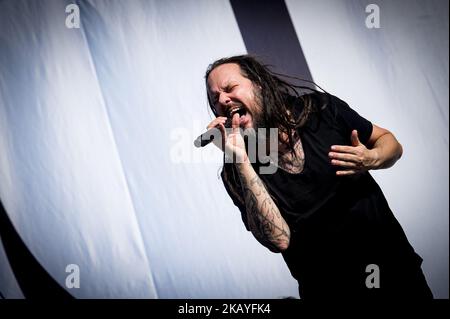 Der amerikanische Sänger und Musiker Jonathan Davis, bekannt als der Leadsänger und Frontmann der Nu Metal Band Korn, tritt am 16. Juni 2018 live auf der Bühne während des Firenz Rocks Festivals in der Visarno Arena in Florenz auf. (Foto von Giuseppe Maffia/NurPhoto) Stockfoto