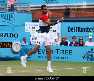 Marin Cilic (CRO) im Einsatz während der Fever-Tree Championships 2. Runde zwischen Frances Tiafoe (USA) und Leonardo Mayer (ARG) am 20. Juni 2018 im Queen's Club in London, Großbritannien. (Foto von Kieran Galvin/NurPhoto) Stockfoto