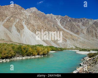 Herbstliche Berglandschaft des GUNT-Flusstals mit türkisblauem Wasser und goldenem Laub entlang des Pamir Highway, Gorno-Badakshan, Tadschikistan Stockfoto