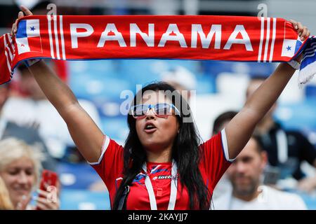 Panama-Unterstützer beim Spiel der russischen Fußball-Weltmeisterschaft 2018 der Gruppe G zwischen England und Panama am 24. Juni 2018 im Nischni Nowgorod-Stadion in Nischni Nowgorod, Russland. (Foto von Mike Kireev/NurPhoto) Stockfoto