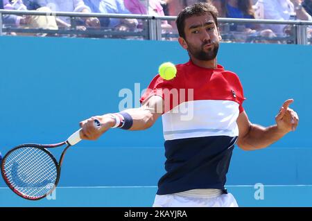 Marin Cilic (CRO) in Aktion beim Fever-Tree Championships Finale zwischen Marin Cilic (CRO) und Novak Djokovic (SRB) am 24. Juni 2018 im Queen's Club, London (Foto: Kieran Galvin/NurPhoto) Stockfoto