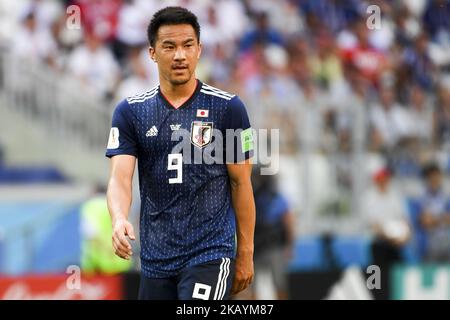 Shinji Okazaki aus Japan während des Spiels der FIFA-Weltmeisterschaft der Gruppe H zwischen Japan und Polen 2018 in der Wolgograd Arena in Wolgograd, Russland, am 28. Juni 2018 (Foto: Andrew Surma/NurPhoto) Stockfoto