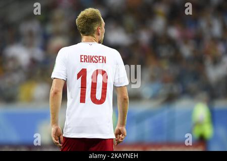 Christian Eriksen aus Dänemark während des Spiels der FIFA-Weltcup-Runde 16 zwischen Kroatien und Dänemark 2018 im Nischni Nowgorod-Stadion in Nischni Nowgorod, Russland, am 1. Juli 2018 (Foto: Andrew Surma/NurPhoto) Stockfoto