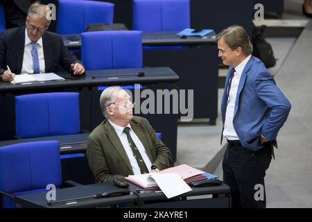 Der Fraktionsvorsitzende der AfD-Partei Alexander Gauland (C) spricht vor der 45. Plenarsitzung des Deutschen Bundestages am 4. Juli 2018 in Berlin mit dem Abgeordneten Bernd Baumann (R). (Foto von Emmanuele Contini/NurPhoto) Stockfoto