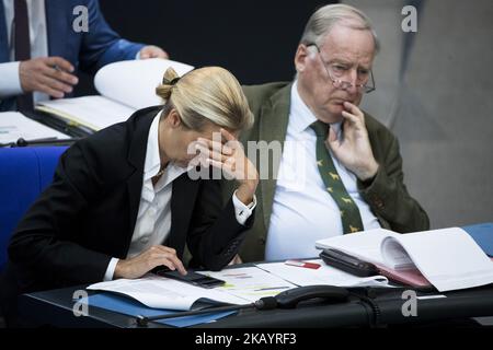 Die Fraktionsvorsitzenden der AfD-Partei Alice Weidel (L) und Alexander Gauland (R) sind während der Plenarsitzung des Deutschen Bundestages 45. am 4. Juli 2018 in Berlin zu sehen. (Foto von Emmanuele Contini/NurPhoto) Stockfoto