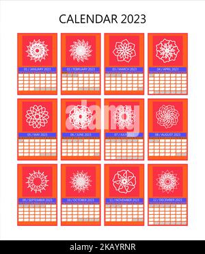 Vektor-Kalender 2023 mit Blumen. Mit Wochenplan ab Sonntag. Mit Farben blau, rot und orange. Stock Vektor