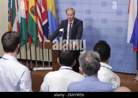 United Nations, New York, USA, July 05 2018 - Olof Skoog und Ständiger Vertreter Schwedens bei den Vereinten Nationen und Präsident des Sicherheitsrats für den Monat Juli, informiert heute im UN-Hauptquartier in New York City Journalisten über den Jemen-Krieg. (Foto von Luiz Rampelotto/NurPhoto) Stockfoto