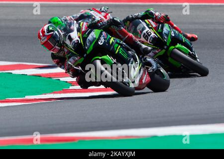 Jonathan Rea vom Kawasaki Racing Team während der ersten Runde von Rennen 1 der Motul FIM Superbike Championship, Riviera di Rimini Round, auf dem Misano World Circuit 'Marco Simoncelli', am 07. Juli 2018 in Misano, Italien (Foto: Danilo Di Giovanni/NurPhoto) Stockfoto