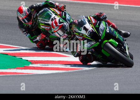 Jonathan Rea vom Kawasaki Racing Team während der ersten Runde von Rennen 1 der Motul FIM Superbike Championship, Riviera di Rimini Round, auf dem Misano World Circuit 'Marco Simoncelli', am 07. Juli 2018 in Misano, Italien (Foto: Danilo Di Giovanni/NurPhoto) Stockfoto