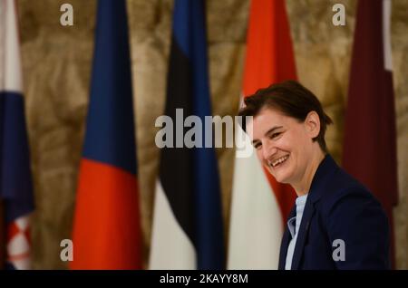 Die serbische Ministerpräsidentin Ana Brnabic hielt am 07. Juli 2018 im Nationalen Kulturpalast in Sofia (Foto: Hristo Rusev/NurPhoto) während des Gipfeltreffens der Staats- und Regierungschefs der mittel- und osteuropäischen Wirtschaftskooperation 7. im Rahmen der CEEC und des Gipfeltreffens der Staats- und Regierungschefs der mittel- und osteuropäischen Wirtschaftskooperation (CEEC) Stockfoto