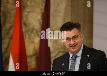 Der Premierminister Kroatiens, Andrej Plenkovic, hielt am 07. Juli 2018 im Nationalen Kulturpalast in Sofia, Bulgarien, während des CEEC-Gipfels 7. und des Gipfels der Regierungschefs der mittel- und osteuropäischen Wirtschaftskooperation (Foto: Hristo Rusev/NurPhoto) Stockfoto