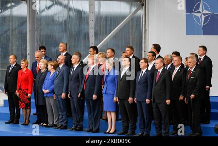 Regierungschefs der NATO-Mitgliedsländer bei der Eröffnungszeremonie des NATO-Gipfels 2018 vor dem NATO-Hauptquartier in Brüssel, Belgien, am 11. Juli 2018. (Foto von Dominika Zarzycka/NurPhoto) Stockfoto