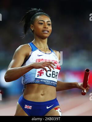 Shannon Hilton aus Großbritannien und Nordirland (Gewinnerin) tritt am 15. Juli 2018 im London Stadium, London, bei der Leichtathletik-Weltmeisterschaft London 2018 in der 4 x 100m-Staffel der Frauen an (Foto by Action Foto Sport/NurPhoto) Stockfoto