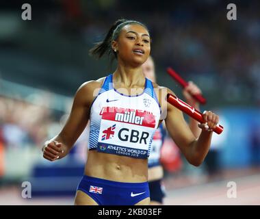 Shannon Hilton aus Großbritannien und Nordirland (Gewinnerin) tritt am 15. Juli 2018 im London Stadium, London, bei der Leichtathletik-Weltmeisterschaft London 2018 in der 4 x 100m-Staffel der Frauen an (Foto by Action Foto Sport/NurPhoto) Stockfoto