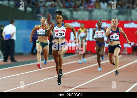 Shannon Hilton aus Großbritannien und Nordirland (Gewinnerin) tritt am 15. Juli 2018 im London Stadium, London, bei der Leichtathletik-Weltmeisterschaft London 2018 in der 4 x 100m-Staffel der Frauen an (Foto by Action Foto Sport/NurPhoto) Stockfoto