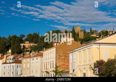 Das alte mittelalterliche Zentrum von Piran an der slowenischen Küste. Ein Teil der Verteidigungsmauern ist auf dem Hügel mit Blick auf die Stadt zu sehen Stockfoto