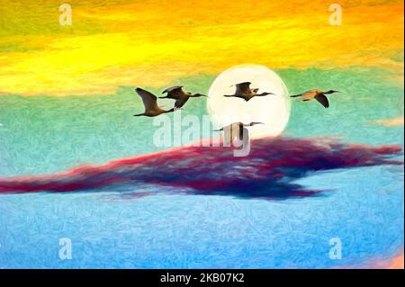 Eine Vogelschar fliegt zusammen gegen Einen farbenfrohen Sonnenuntergangshimmel im Gemälde-Illustrationsformat Stockfoto