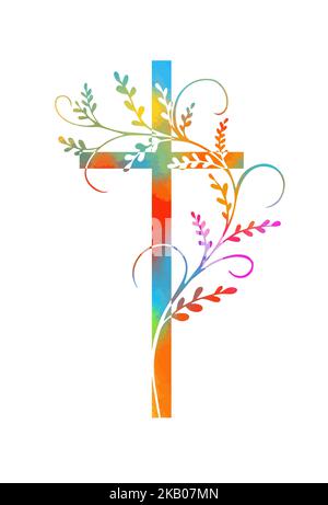 Farbiger religiöser Kreuzstrich mit Zweigen. Frohe Ostern. Vektorgrafik Stock Vektor