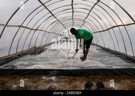 Salzanbau bei Lamujong in Banda Aceh, Indonesien am 2. August 2018. Indonesien ist von Salzwasser umgeben und gibt jedes Jahr immer noch zig Millionen Dollar für die Einfuhr von Salz aus. (Foto von Anton Raharjo/NurPhoto) Stockfoto