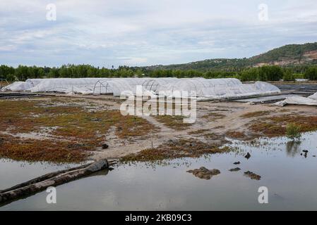 Salzanbau bei Lamujong in Banda Aceh, Indonesien am 2. August 2018. Indonesien ist von Salzwasser umgeben und gibt jedes Jahr immer noch zig Millionen Dollar für die Einfuhr von Salz aus. (Foto von Anton Raharjo/NurPhoto) Stockfoto