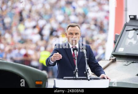 Der polnische Präsident Andrzej Duda bei der Militärparade in Warschau am Tag der polnischen Armee. 15. August 2018, Warschau, Polen (Foto von Krystian Dobuszynski/NurPhoto) Stockfoto