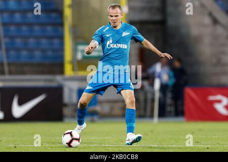 Aleksandr Anyukov vom FC Zenit Sankt Petersburg im Einsatz während der UEFA Europa League Dritte Qualifikationsrunde zweite Etappe Spiel zwischen FC Zenit Sankt Petersburg und FC Dinamo Minsk am 16. August 2018 im Petrovsky Stadion in Sankt Petersburg, Russland. (Foto von Mike Kireev/NurPhoto) Stockfoto