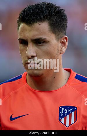 Jose Maria Gimenez de Vargas von Atletico de Madrid schaut vor dem La Liga-Spiel zwischen dem FC Valencia und dem Club Atletico de Madrid am 20. August 2018 in Mestalla in Valencia, Spanien (Foto von David Aliaga/NurPhoto) Stockfoto