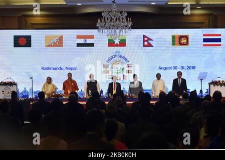 (L-R) Premierminister von Bangladesch, Scheich Hasina, Premierminister von Bhutan, Lyonpo Tshering Wangchuk, Premierminister von Indien, Narendra Modi, Präsident von Myanmar, Win Myint, Premierminister von Nepal von KP Sharma Oli, Der Präsident von Sri Lanka, Maithripala Sirisena, und der Premierminister von Thailand, Prayut Chan-o-cha, treffen am Donnerstag, den 30. August 2018, zum vierten Gipfel der Bay of Bengal Initiative for Multi-sectoral Technical and Economic Cooperation (BIMSTEC) 2018 in Kathmandu, Nepal, ein. (Foto von Narayan Maharjan/NurPhoto) Stockfoto
