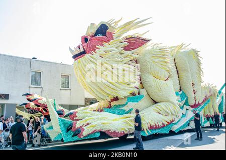 Am ersten Sonntag im September jedes Jahres seit 1936 veranstaltet Zundert, eine kleine Stadt in den Niederlanden, am 2.. September 2018, der Geburtsort von Vincent van Gogh, die größte von Freiwilligen geführte Blumenparade der Welt mit einer Reihe von übertriebenem Wagen aus lokalen Dahlien. Die Straßen der Stadt werden durch die Eintragungen aus konkurrierenden Stadtvierteln elektrisiert, die in Form von übergroßen Füchsen auf Blumenbasis, rothaarigen Damen, Drachen und anderen Kreaturen und Abstraktionen aussehen, wobei jeder 66 Meter lange, 33 Meter hohe Wagen aus einer halben Million Dahlien besteht.(Foto von Romy Arroyo Fernandez Stockfoto