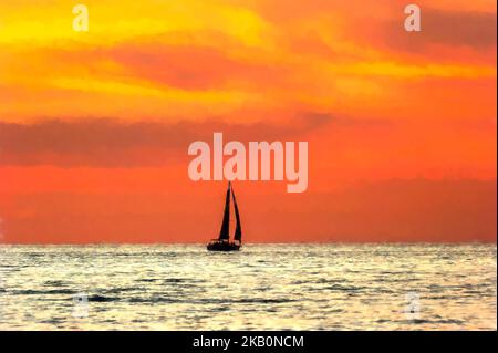 Eine Silhouette eines Segelbootes gegen Einen farbenfrohen orangen Sonnenuntergang-Himmel im Gemälde-Illustrationsformat Stockfoto