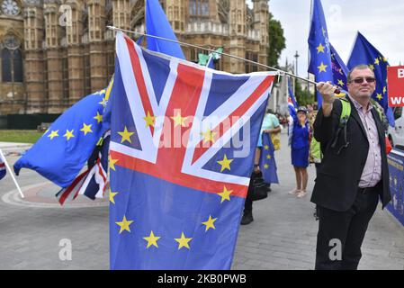 Demonstratoren versammeln sich vor dem Parlament, um gegen den Brexit zu protestieren, schwenken EU- und Unionsflaggen und ein Plakat mit der Aufschrift „Brexit is IT Worth IT?“, London, am 4. September 2018. (Foto von Alberto Pezzali/NurPhoto) Stockfoto