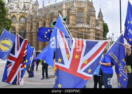 Demonstratoren versammeln sich vor dem Parlament, um gegen den Brexit zu protestieren, schwenken EU- und Unionsflaggen und ein Plakat mit der Aufschrift „Brexit is IT Worth IT?“, London, am 4. September 2018. (Foto von Alberto Pezzali/NurPhoto) Stockfoto