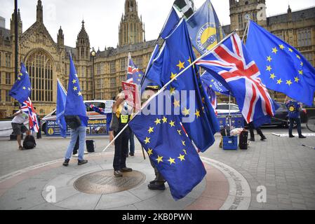 Demonstratoren versammeln sich vor dem Parlament, um gegen den Brexit zu protestieren, schwenken EU- und Unionsflaggen und ein Plakat mit der Aufschrift „Brexit is IT Worth IT?“, London, am 4. September 2018. (Foto von Alberto Pezzali/NurPhoto) Stockfoto