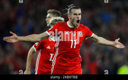 Gareth Bale aus Wales feiert am 06. September 2018 im Cardiff City Stadium, Cardiff, das zweite Tor seiner Mannschaft in der 18.-minütigen UEFA Nations League zwischen Wales und der Republik Irland. (Foto von Action Foto Sport/NurPhoto) Stockfoto