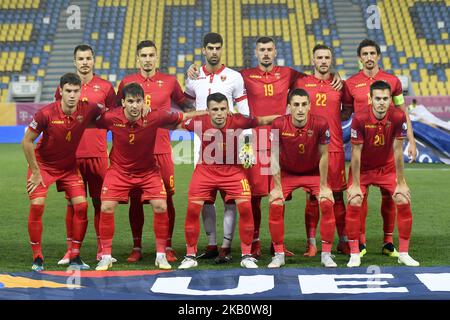 Montenegros offizielles Foto. Oberste Reihe: Stefan Mugosa, Zarko Tomasevic, Danijel Petkovic, Aleksandar Scekic, Marko Simic, Stefan Savic. Unterste Reihe: Nikola Vukcevic, Filip Stojkovic, Vladimir Jovovic, Aleksandar Boljevic, Mirko Ivanic beim Finale der UEFA Nations League 2019 zwischen Rumänien und Montenegro am 07. September 2018 im Ilie Oana Stadium in Ploiesti, Rumänien. (Foto von Alex Nicodim/NurPhoto) Stockfoto