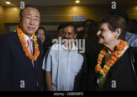 Der ehemalige Generalsekretär der Vereinten Nationen, Ban Ki-Moon (L), die ehemalige Ministerpräsidentin von Norwegen, Frau Gro Harlem Brundtland (C), und der Premierminister von Delhi, Arvind Kejriwal (L), besuchten am Freitag, dem 7. September 2018 in der Mohalla Klinik in Neu-Delhi, Indien. (Foto von Indraneel Chowdhury/NurPhoto) Stockfoto