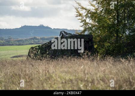 Britische Armee Land Rover Defender Wolf Krankenwagen unter Tarnnetz, Wiltshire UK Stockfoto