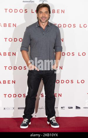 Schauspieler Javier Bardem nimmt an der Präsentation des Films ´Todos lo saben´ im URSO Hotel in Madrid, Spanien, Teil. 12. September 2018. (Foto von BorjaB.Hojas/COOLMedia/NurPhoto) Stockfoto