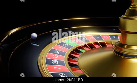 Eine weiße Kugel, die über ein schwarz-goldenes Roulette-Rad im Casino rollt, 3D Rendering Stockfoto