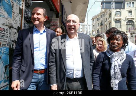 Henrique Meirelles (R), Kandidat der MDB für die Präsidentschaft der Republik, und Paulo Skaf (L), Kandidat der MDB für die Regierung von São Paulo, gehen am 12. September 2018 während eines Wahlkampfes in der Region Rua 25 de Março. (Foto von Dario Oliveira/NurPhoto) Stockfoto