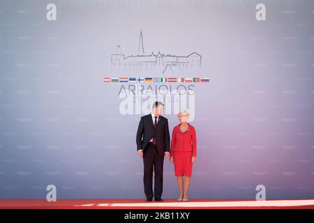 Der Präsident Lettlands Raimonds Vejonis und seine Frau Iveta Vejone während des informellen Treffens der Arraiolos-Gruppe 14. im Rundale Palace in Rundale, Lettland, am 13. September 2018. Das Treffen der Arraiolos-Gruppe bringt Staatsoberhäupter aus 13 Ländern zusammen - Österreich, Bulgarien, Kroatien, Estland, Finnland, Deutschland, Griechenland, Ungarn, Italien, Lettland, Malta, Polen, Portugal und Slowenien. (Foto von Mateusz Wlodarczyk/NurPhoto) Stockfoto