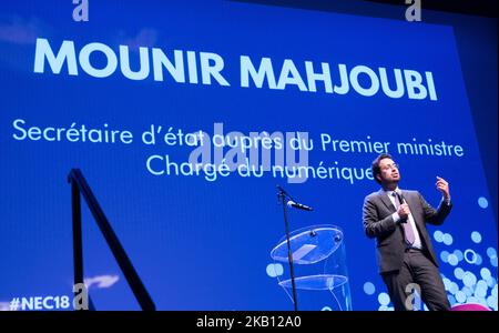 Der französische Juniorminister für den digitalen Sektor Mounir Mahjoubi, am 13. September 2018 in Nantes, Frankreich, anlässlich des Treffens „Numerique en communs“ (Digitale Treffen gemeinsam), bei dem die Akteure der digitalen Vermittlung des Territoriums zusammenkommen. Während dieses Besuchs hat er die nationale Strategie für eine inklusiv-digitale Technologie vorgestellt, die 13 Millionen Franzosen bei ihrer digitalen Nutzung Schulen und unterstützen wird. (Foto von Estelle Ruiz/NurPhoto) Stockfoto